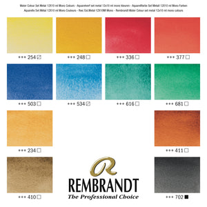 Rembrandt Professional Watercolor Paint, Monopigmented Color Selection - 12x10ml Tubes